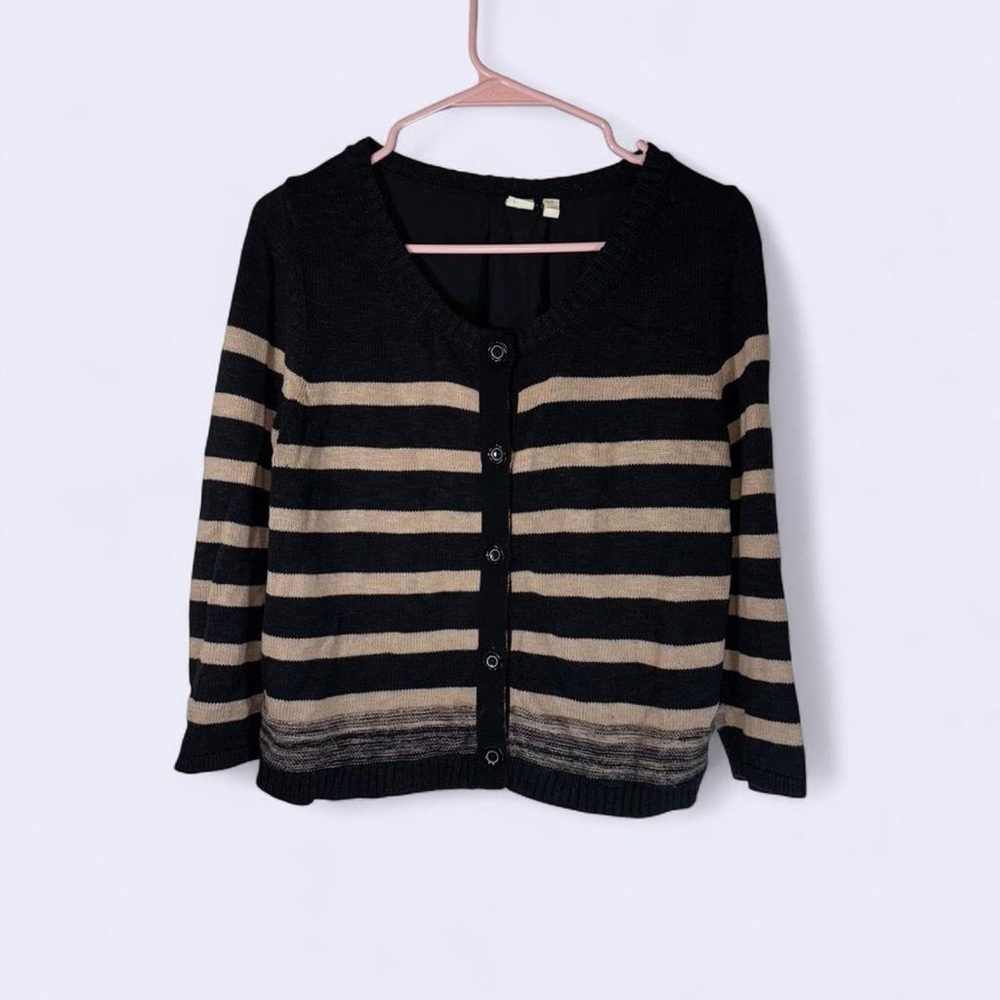 Moth Anthropologie Black Tan Striped Button Front Cardigan Sweater Size Medium
